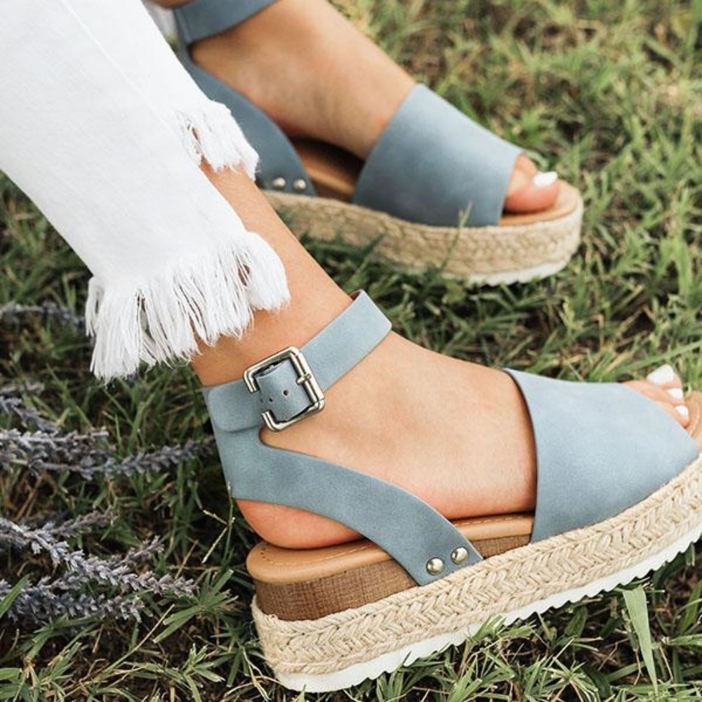 ladies ankle buckle platform spadrille. Blue - Picture 2 of 2